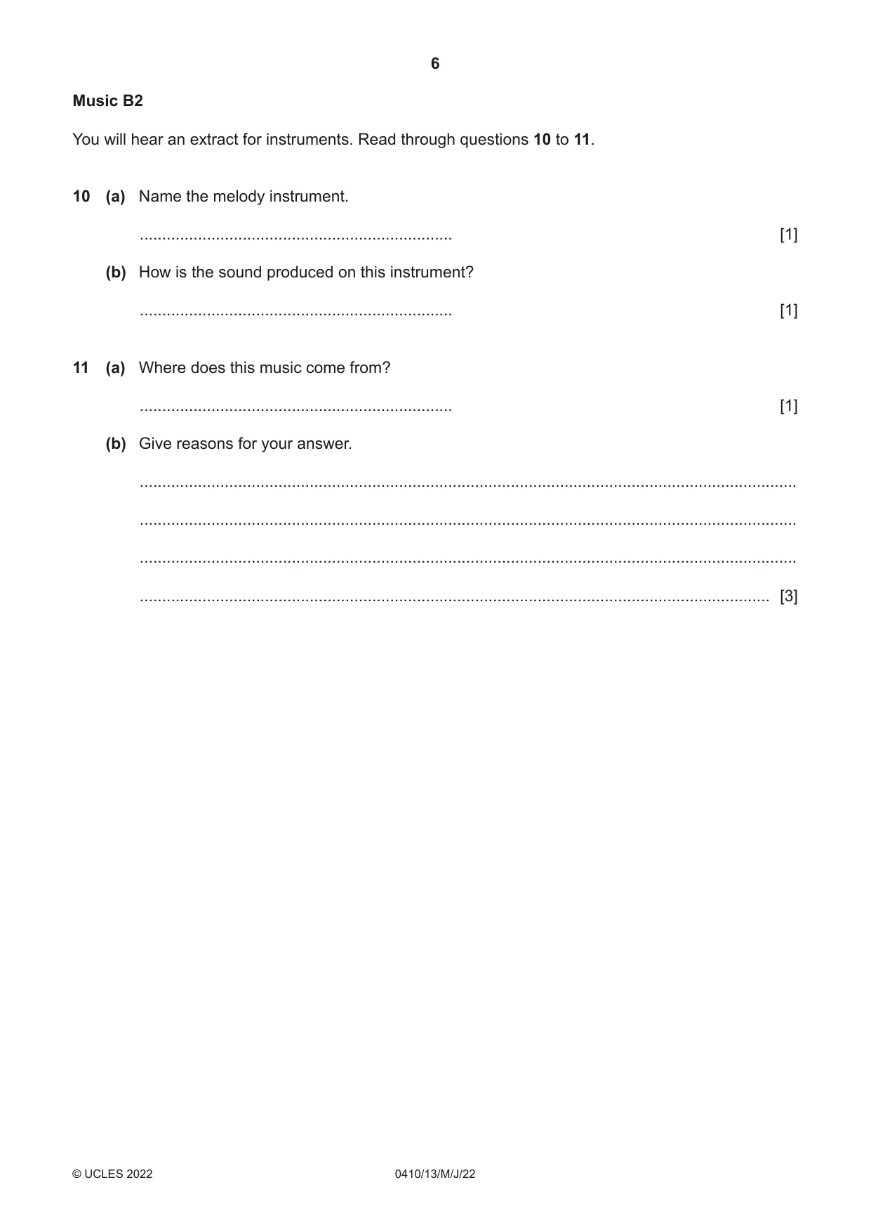 Cambridge IGCSE Music 0410 2022 May/June Paper 1 · Variant 3 question paper, page 6 of 16