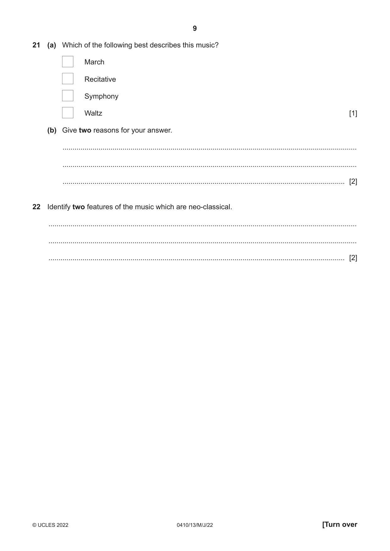 Cambridge IGCSE Music 0410 2022 May/June Paper 1 · Variant 3 question paper, page 9 of 16
