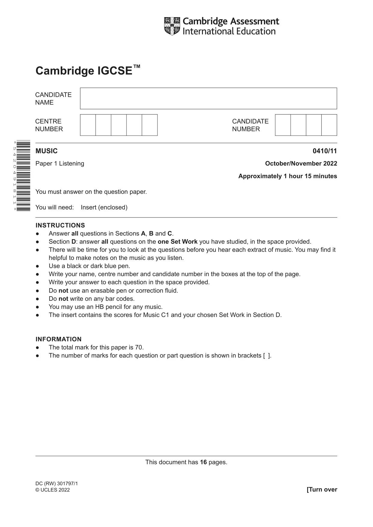 Cambridge IGCSE Music 0410 2022 Oct/Nov Paper 1 · Variant 1 question paper, page 1 of 16