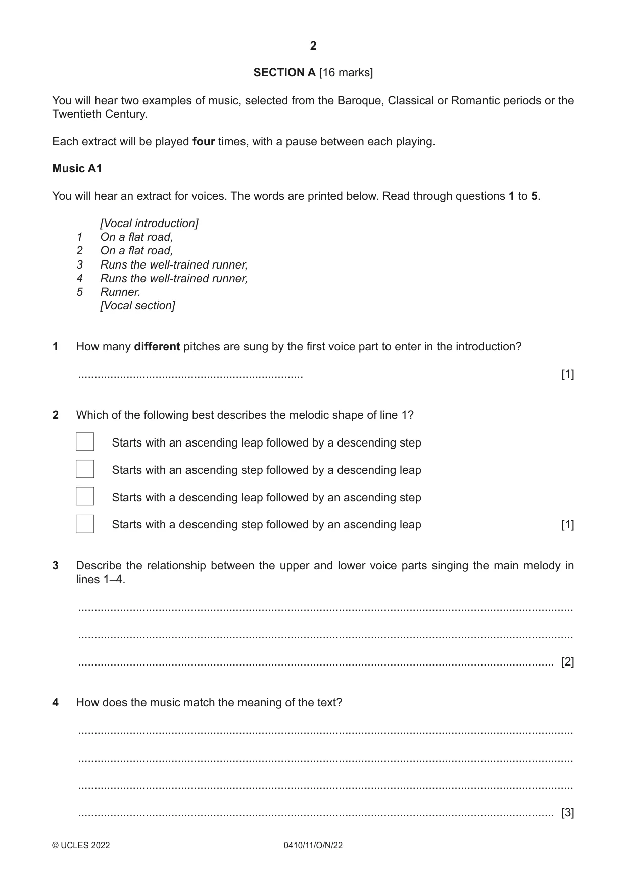 Cambridge IGCSE Music 0410 2022 Oct/Nov Paper 1 · Variant 1 question paper, page 2 of 16