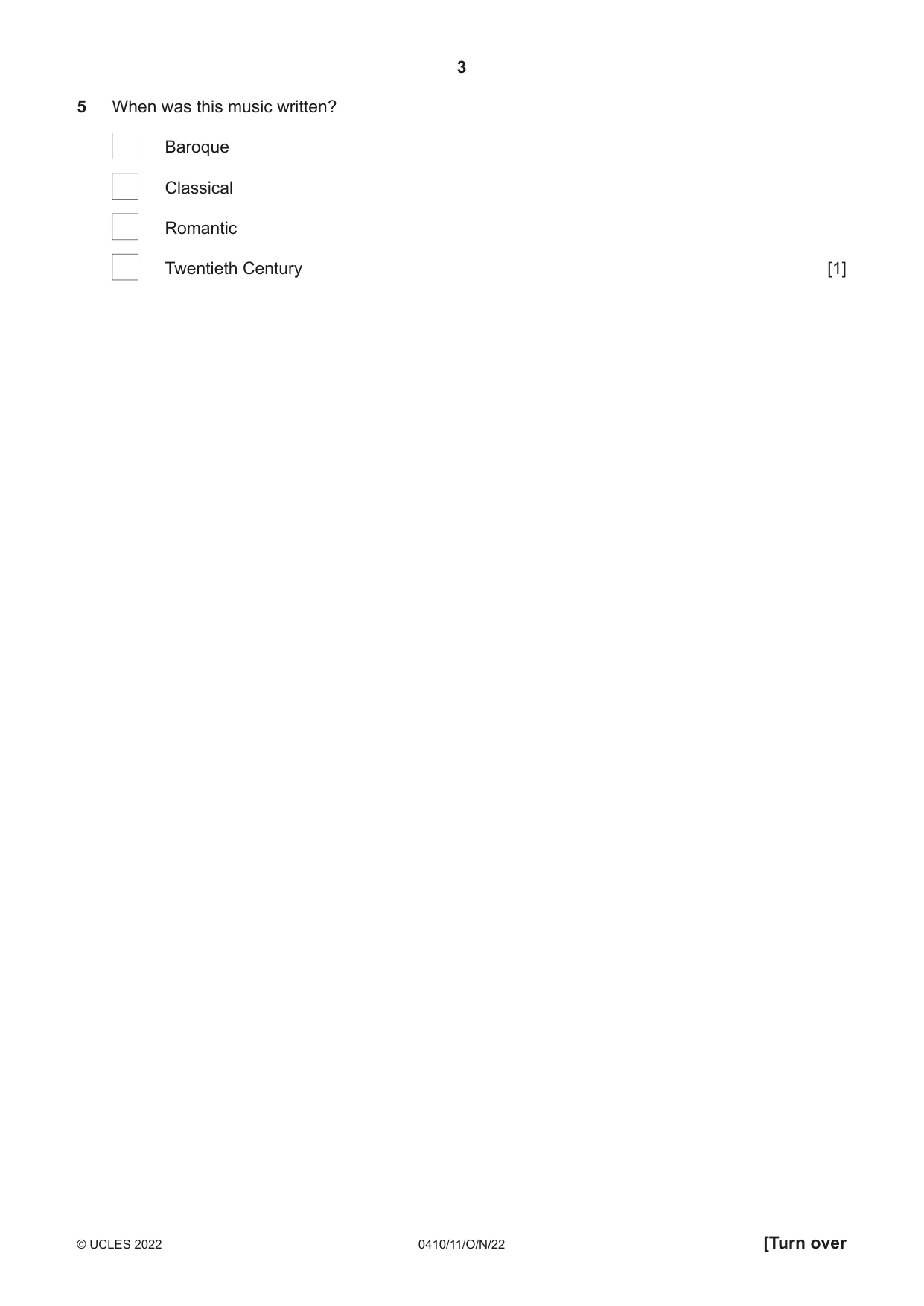Cambridge IGCSE Music 0410 2022 Oct/Nov Paper 1 · Variant 1 question paper, page 3 of 16