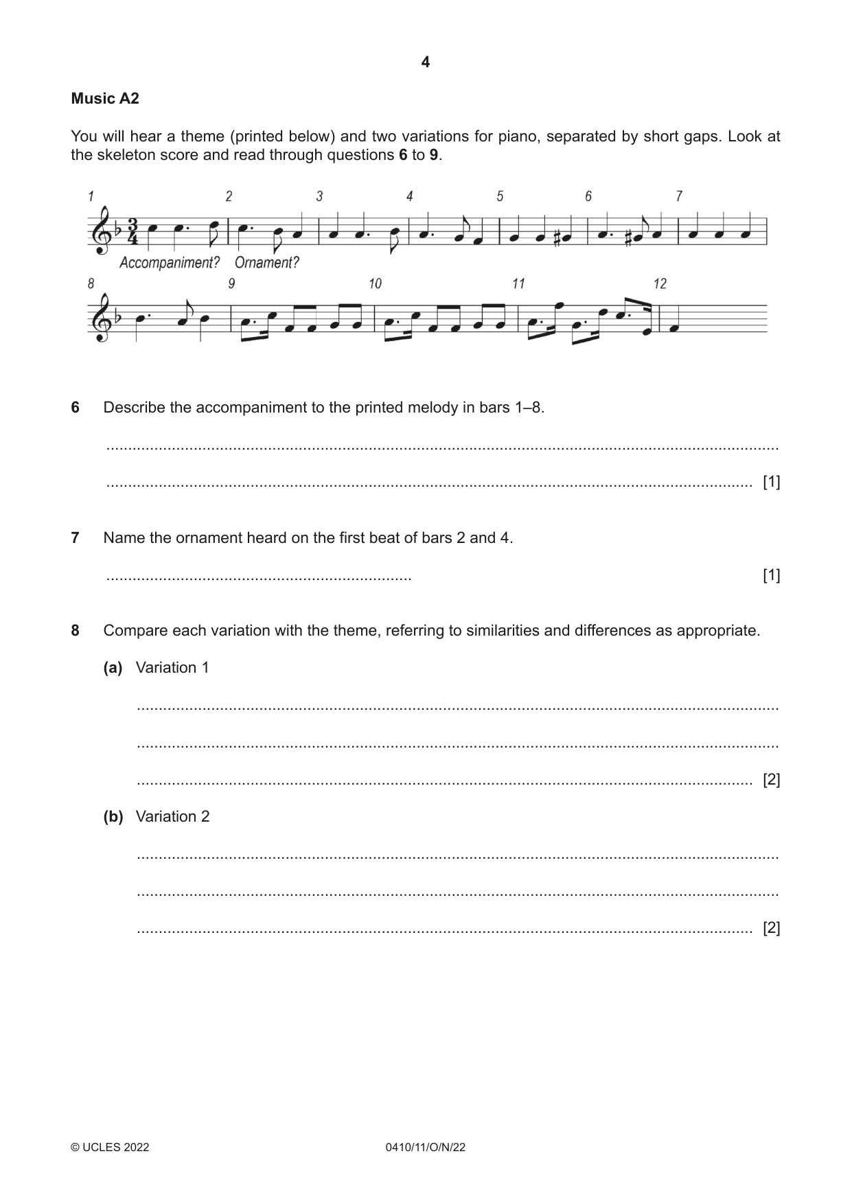 Cambridge IGCSE Music 0410 2022 Oct/Nov Paper 1 · Variant 1 question paper, page 4 of 16