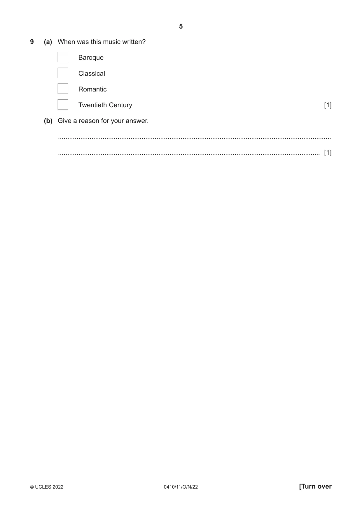 Cambridge IGCSE Music 0410 2022 Oct/Nov Paper 1 · Variant 1 question paper, page 5 of 16
