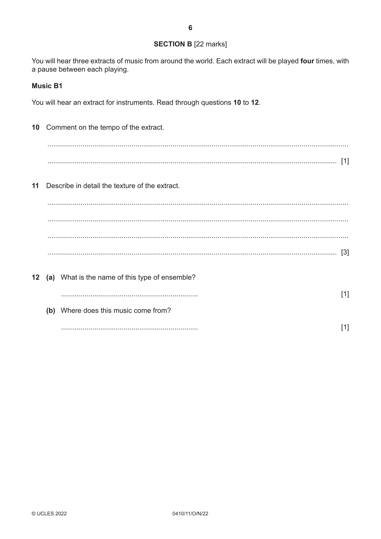 Cambridge IGCSE Music 0410 2022 Oct/Nov Paper 1 · Variant 1 question paper, page 6 of 16