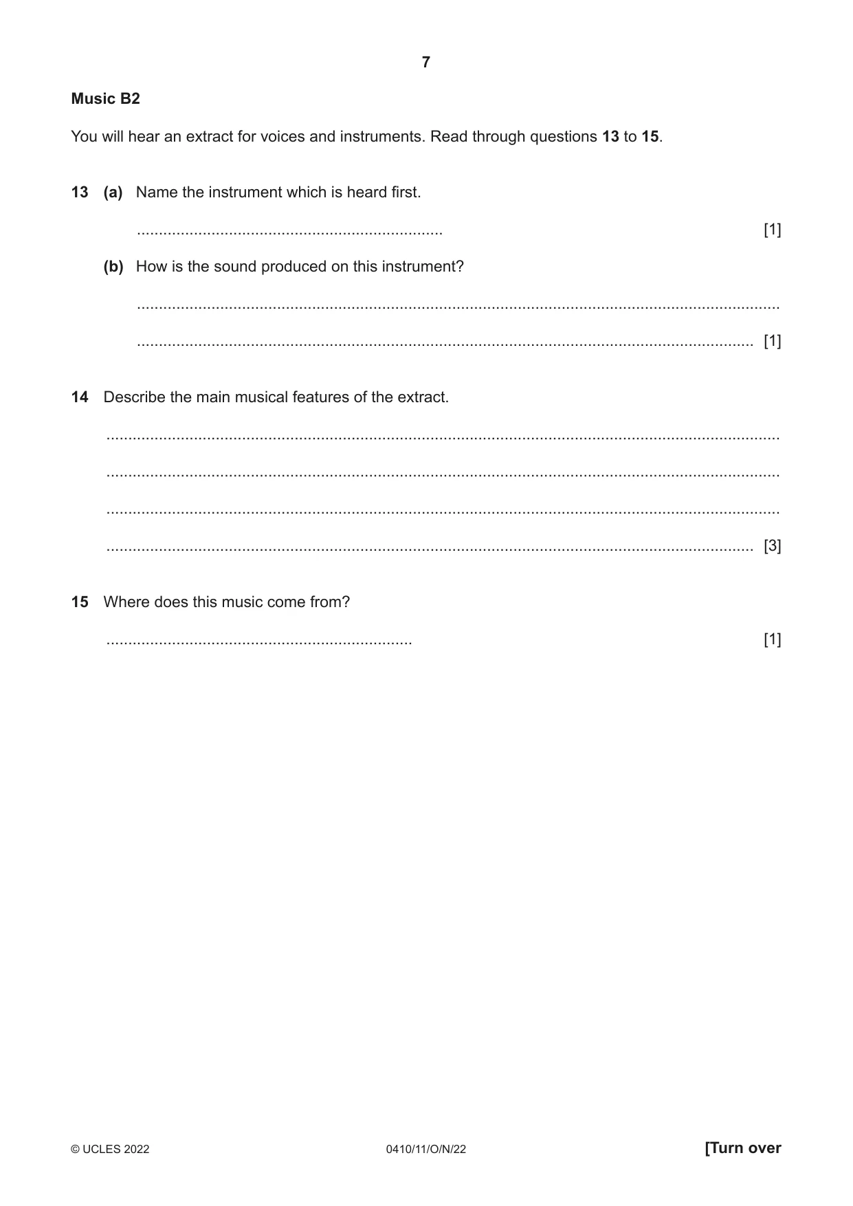 Cambridge IGCSE Music 0410 2022 Oct/Nov Paper 1 · Variant 1 question paper, page 7 of 16