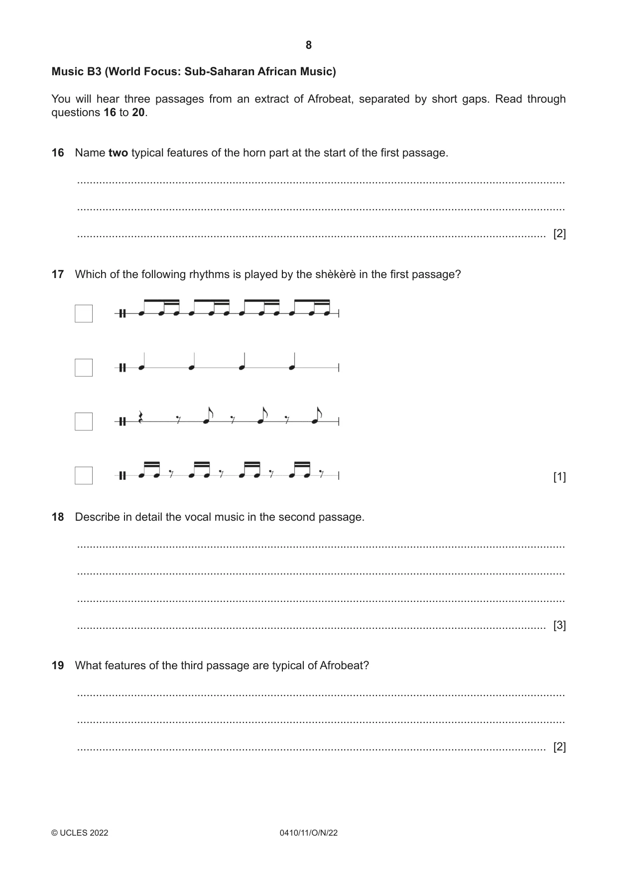 Cambridge IGCSE Music 0410 2022 Oct/Nov Paper 1 · Variant 1 question paper, page 8 of 16