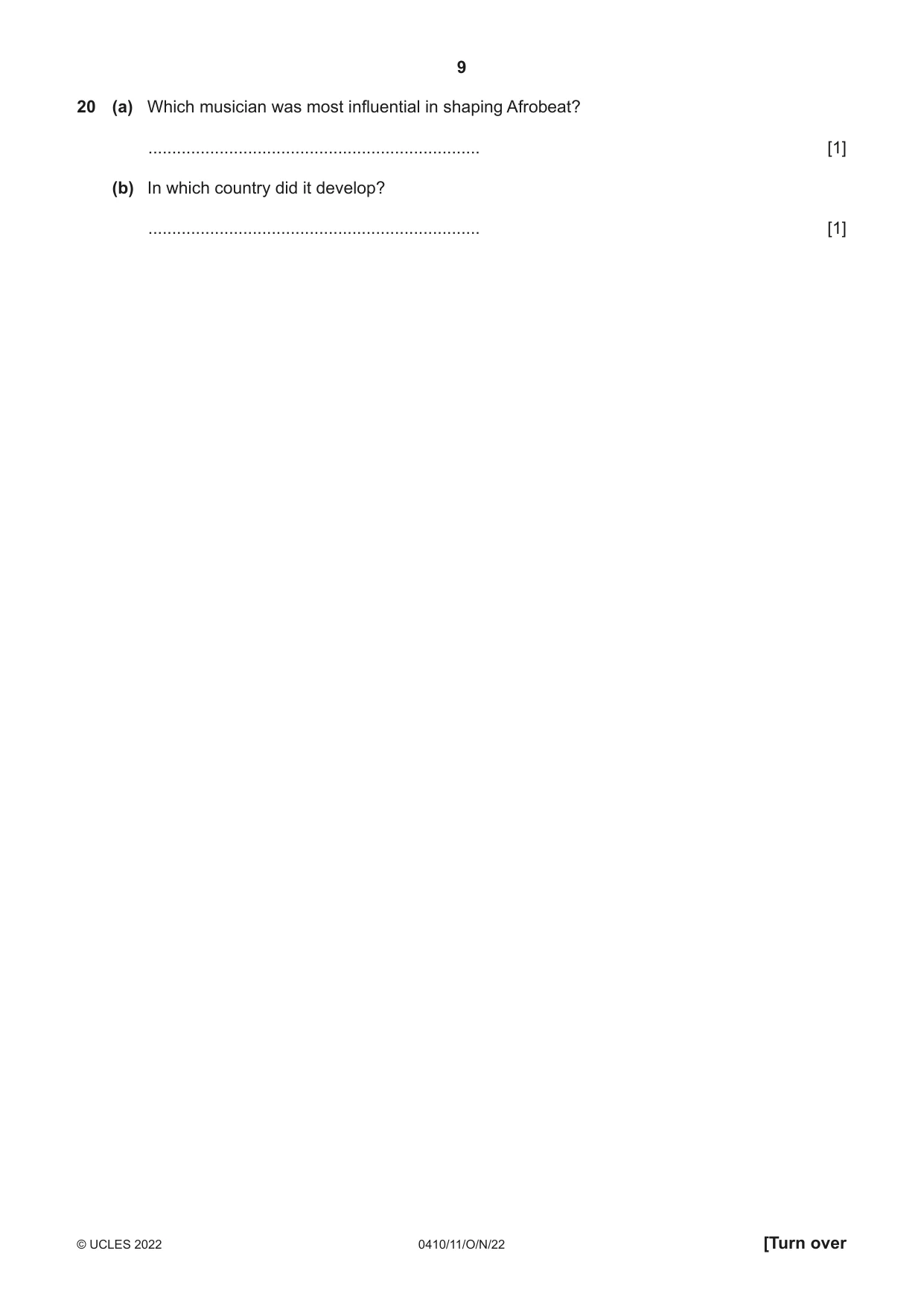 Cambridge IGCSE Music 0410 2022 Oct/Nov Paper 1 · Variant 1 question paper, page 9 of 16