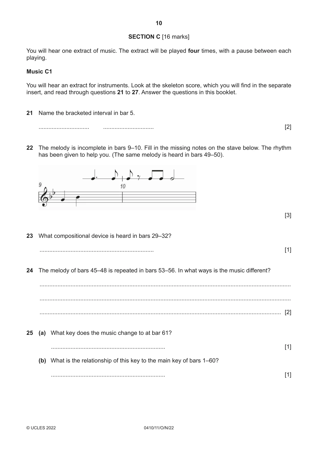 Cambridge IGCSE Music 0410 2022 Oct/Nov Paper 1 · Variant 1 question paper, page 10 of 16