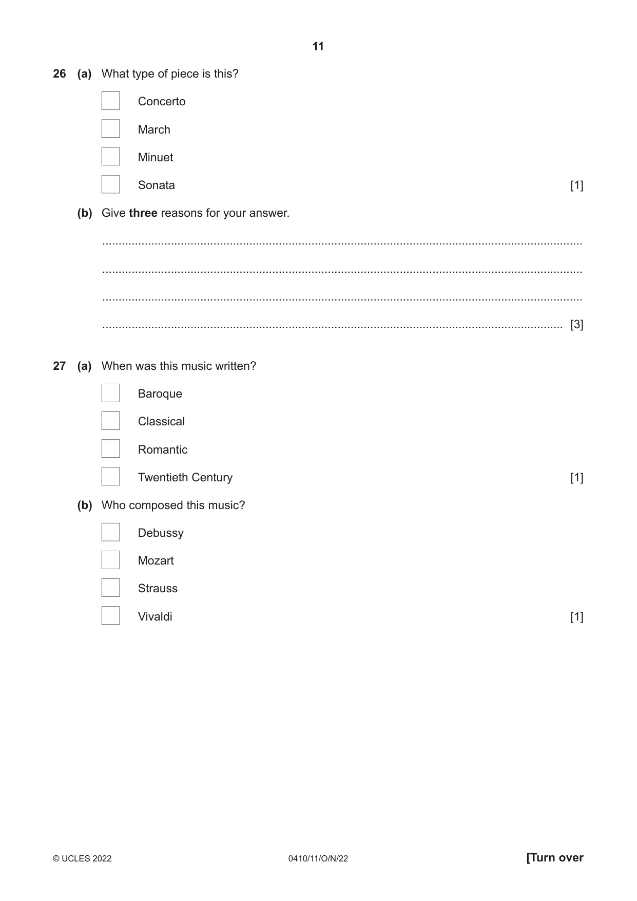 Cambridge IGCSE Music 0410 2022 Oct/Nov Paper 1 · Variant 1 question paper, page 11 of 16