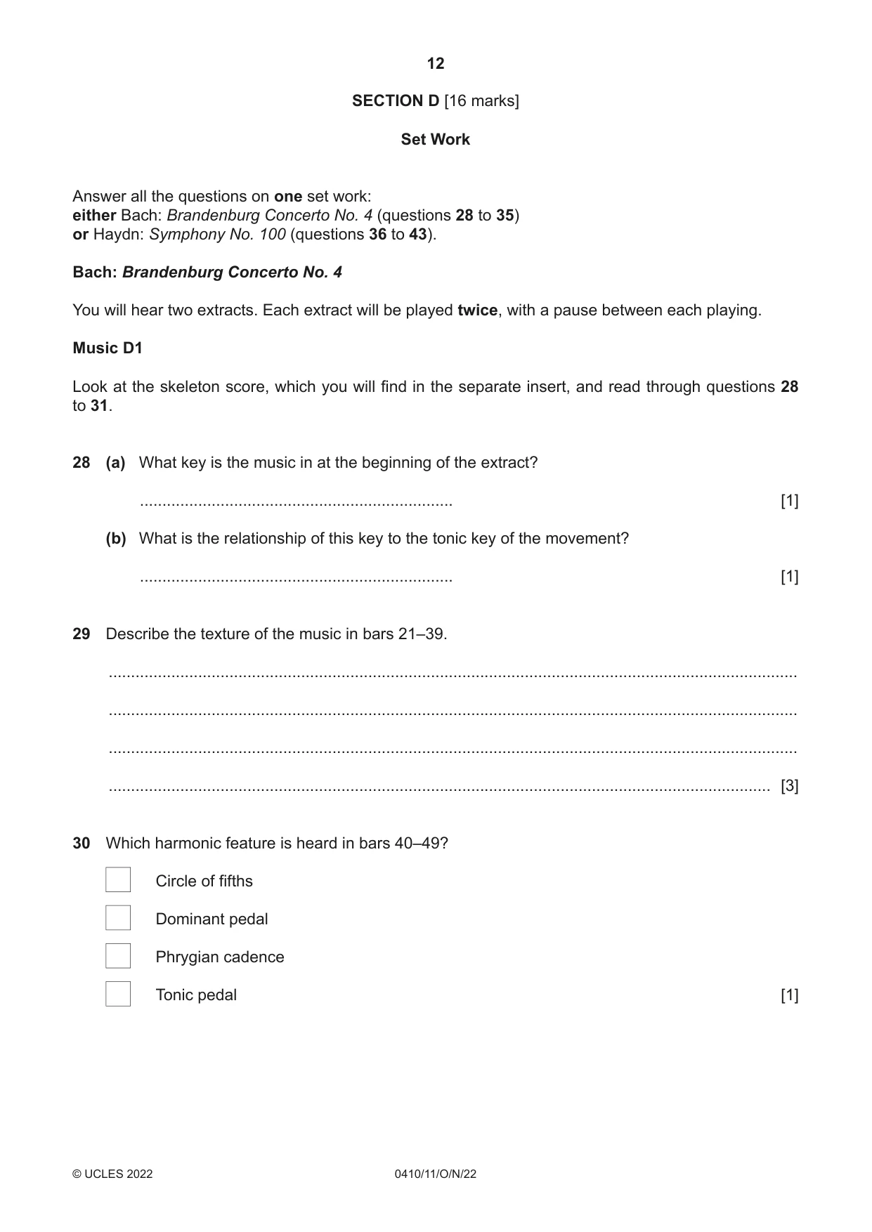 Cambridge IGCSE Music 0410 2022 Oct/Nov Paper 1 · Variant 1 question paper, page 12 of 16