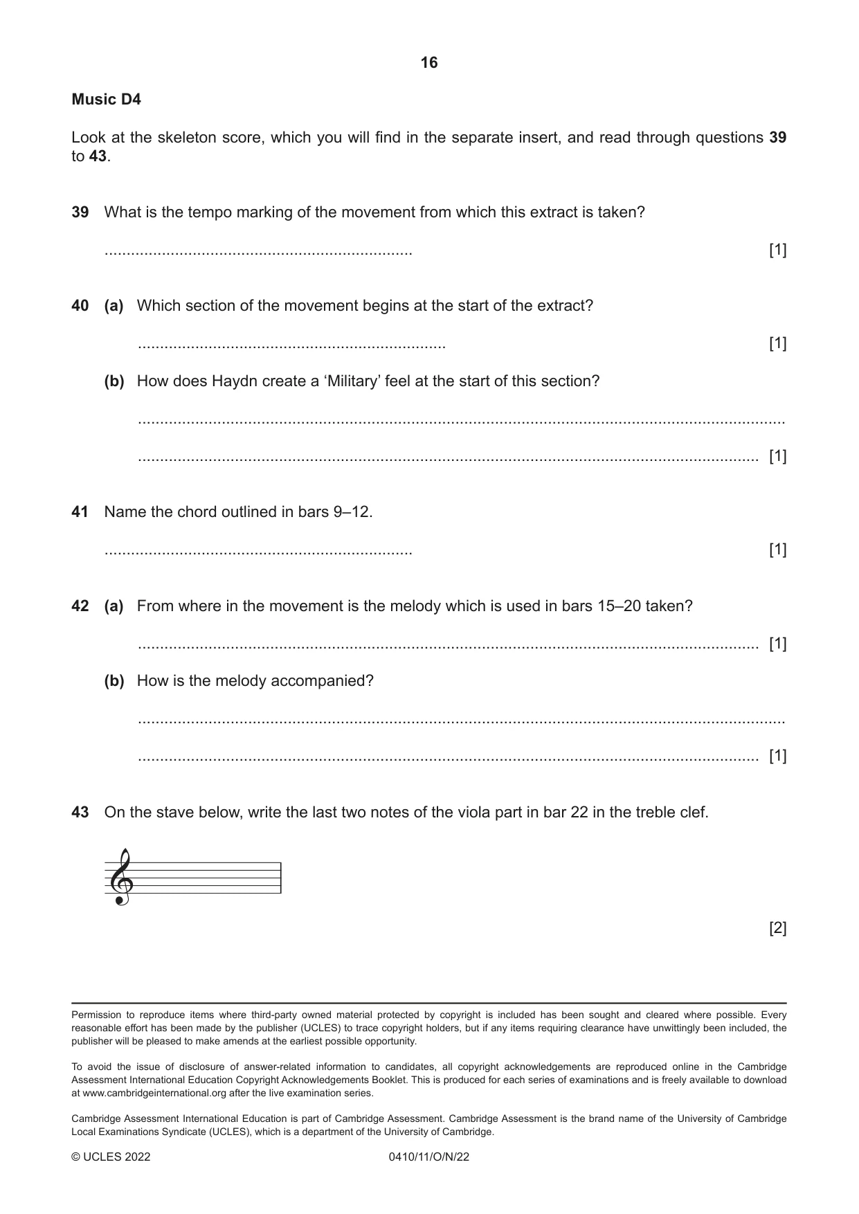 Cambridge IGCSE Music 0410 2022 Oct/Nov Paper 1 · Variant 1 question paper, page 16 of 16
