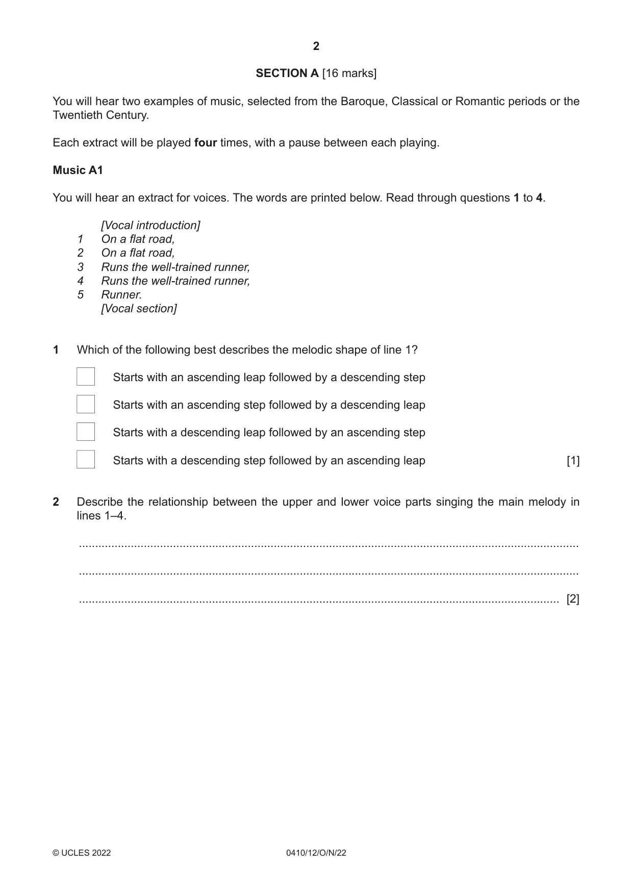 Cambridge IGCSE Music 0410 2022 Oct/Nov Paper 1 · Variant 2 question paper, page 2 of 16