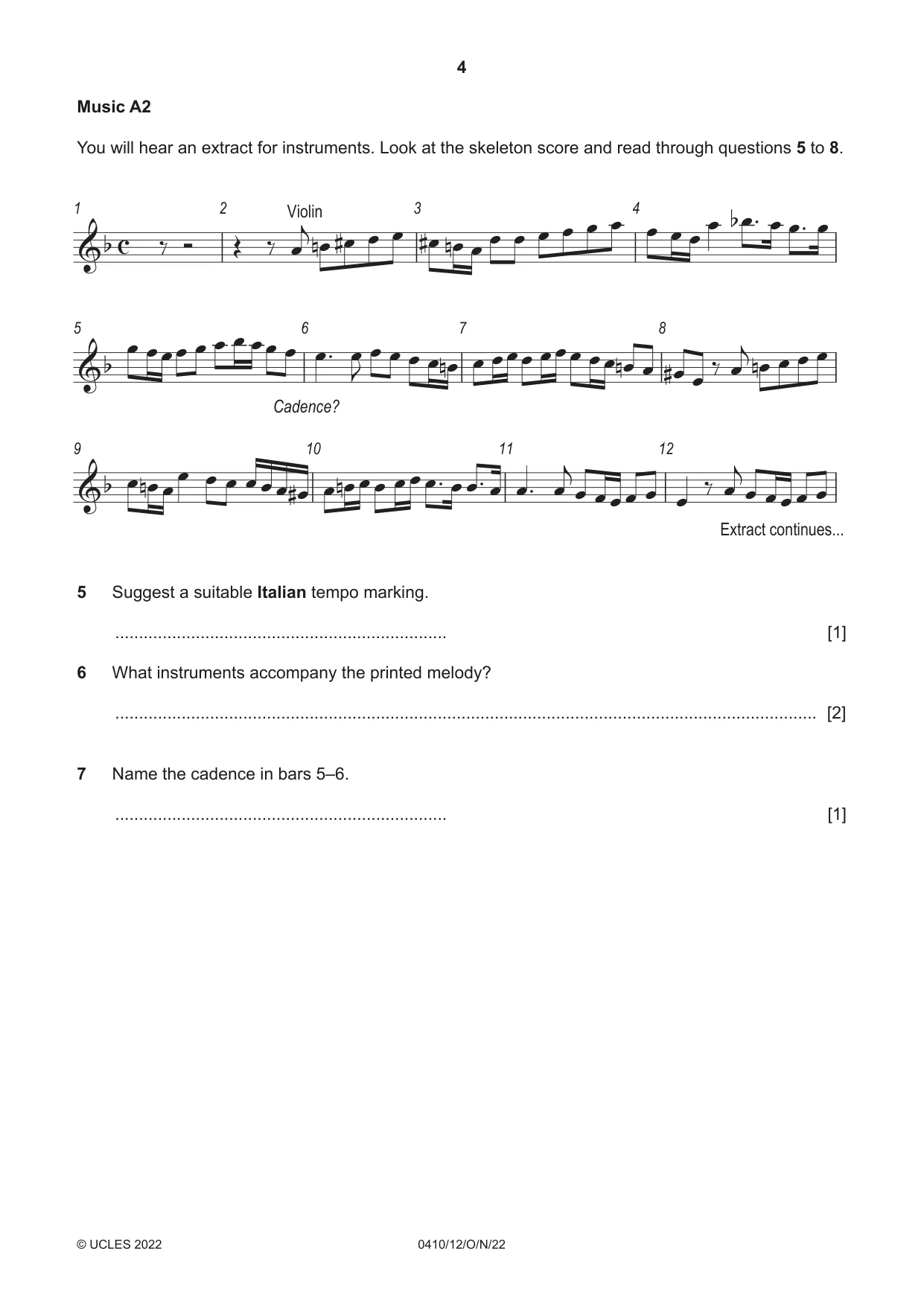 Cambridge IGCSE Music 0410 2022 Oct/Nov Paper 1 · Variant 2 question paper, page 4 of 16