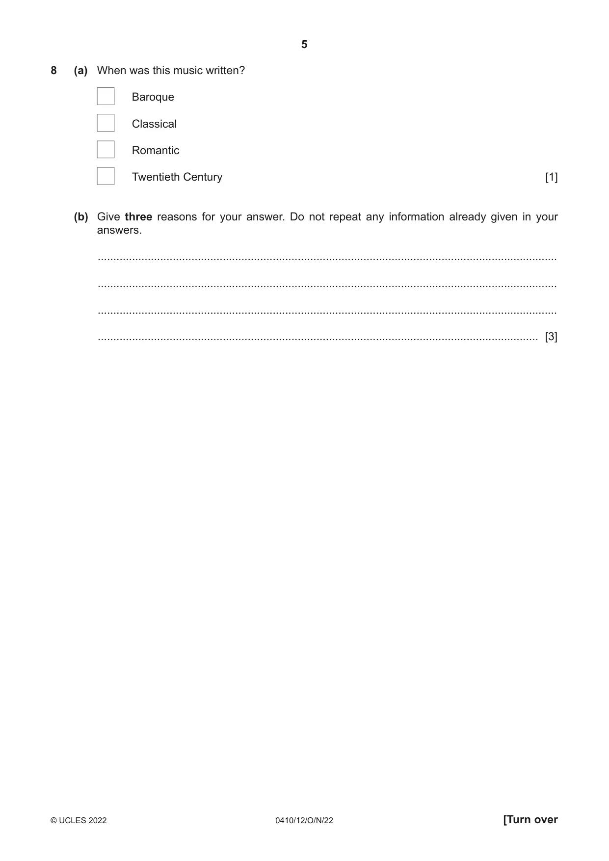 Cambridge IGCSE Music 0410 2022 Oct/Nov Paper 1 · Variant 2 question paper, page 5 of 16