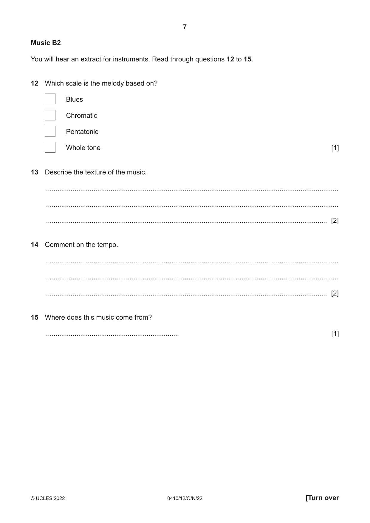 Cambridge IGCSE Music 0410 2022 Oct/Nov Paper 1 · Variant 2 question paper, page 7 of 16