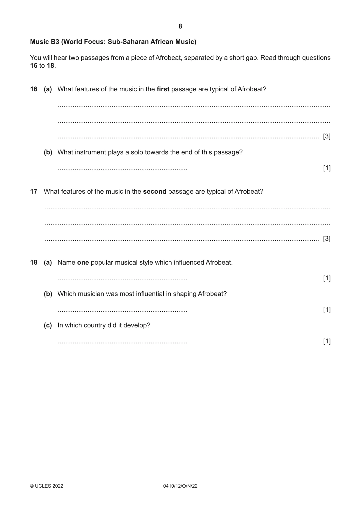 Cambridge IGCSE Music 0410 2022 Oct/Nov Paper 1 · Variant 2 question paper, page 8 of 16