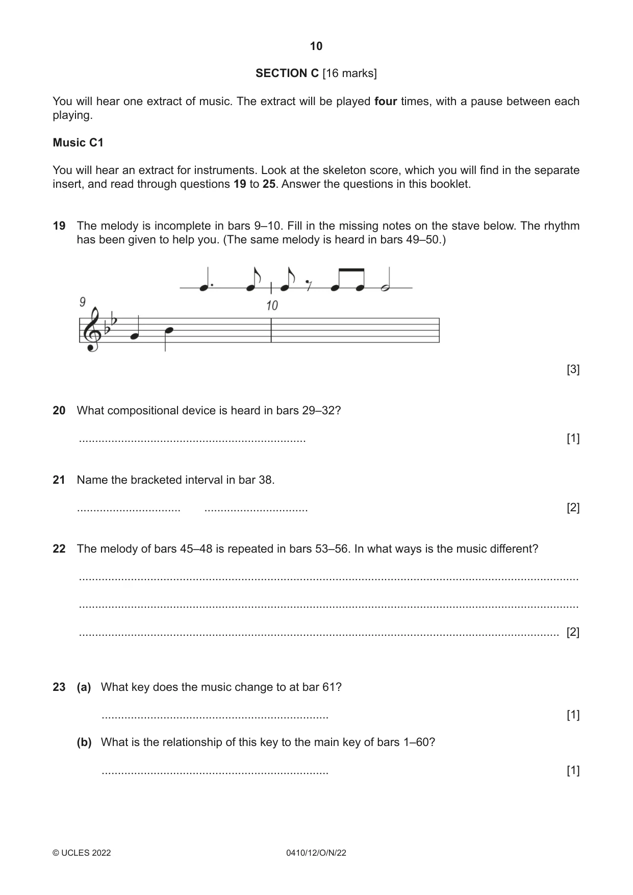Cambridge IGCSE Music 0410 2022 Oct/Nov Paper 1 · Variant 2 question paper, page 10 of 16