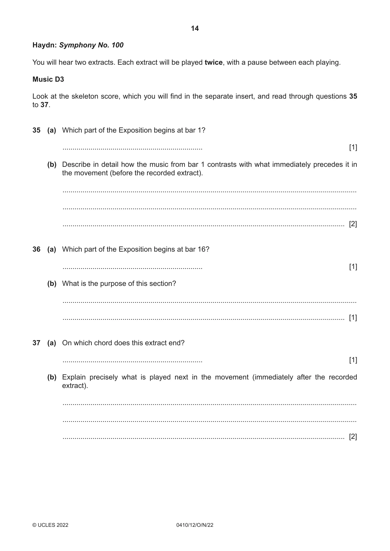 Cambridge IGCSE Music 0410 2022 Oct/Nov Paper 1 · Variant 2 question paper, page 14 of 16