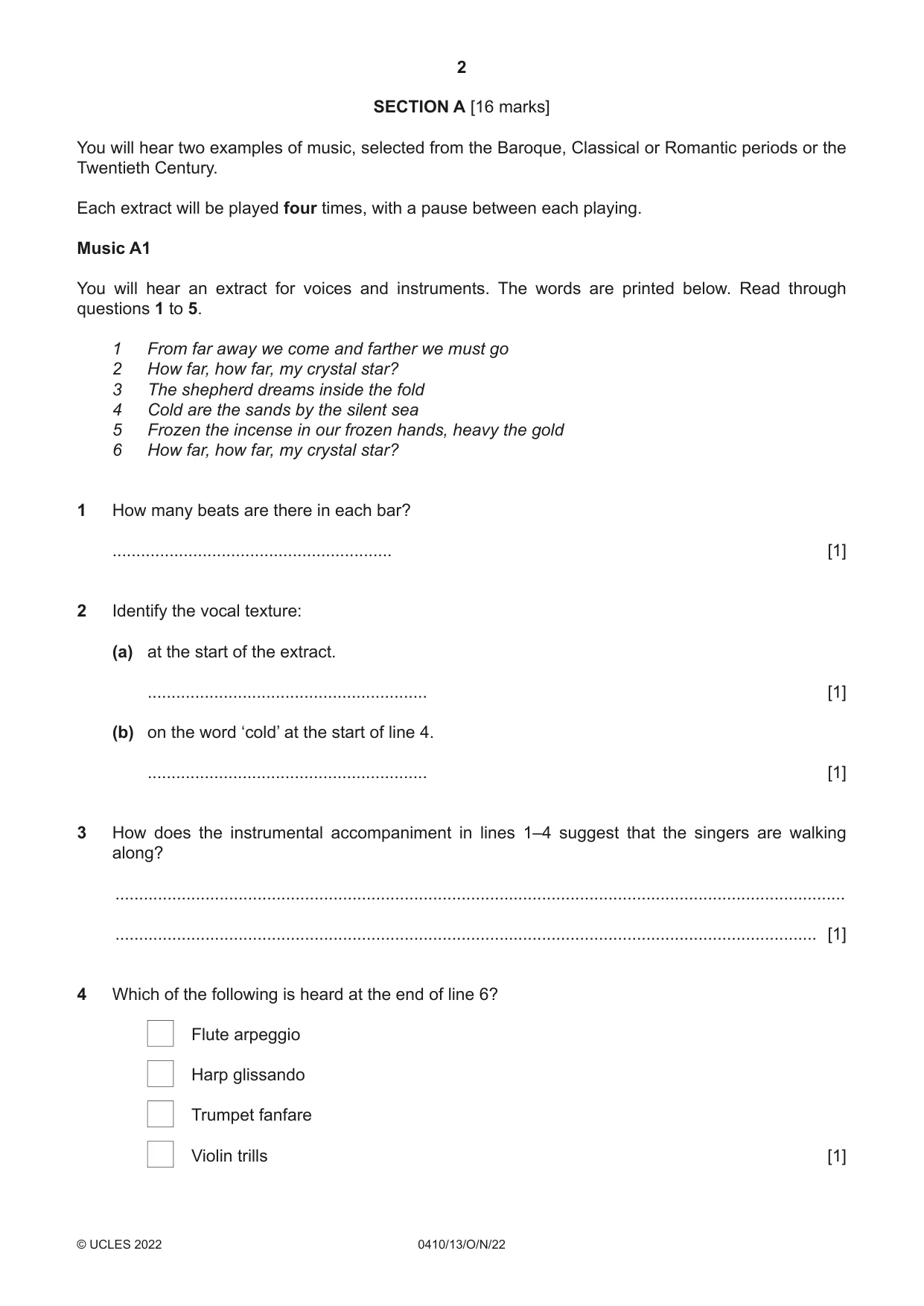 Cambridge IGCSE Music 0410 2022 Oct/Nov Paper 1 · Variant 3 question paper, page 2 of 16