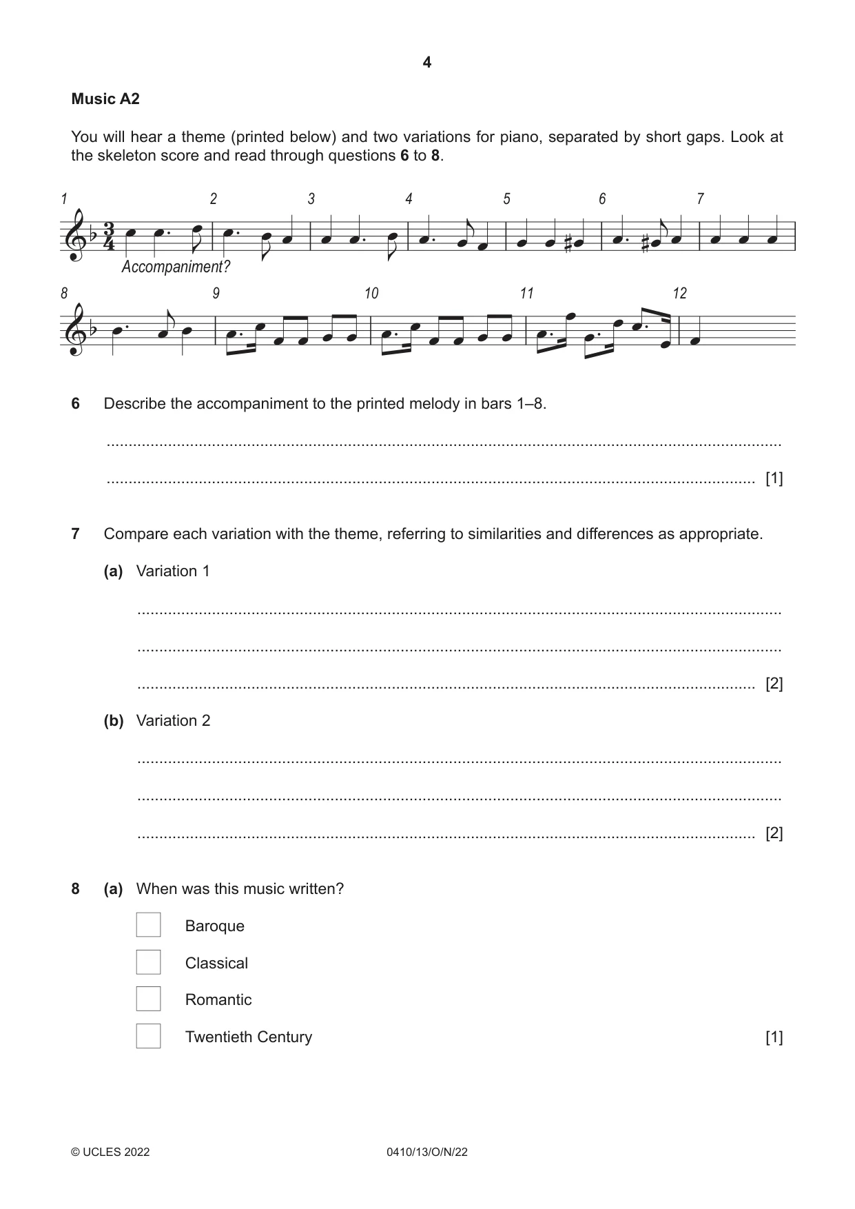 Cambridge IGCSE Music 0410 2022 Oct/Nov Paper 1 · Variant 3 question paper, page 4 of 16