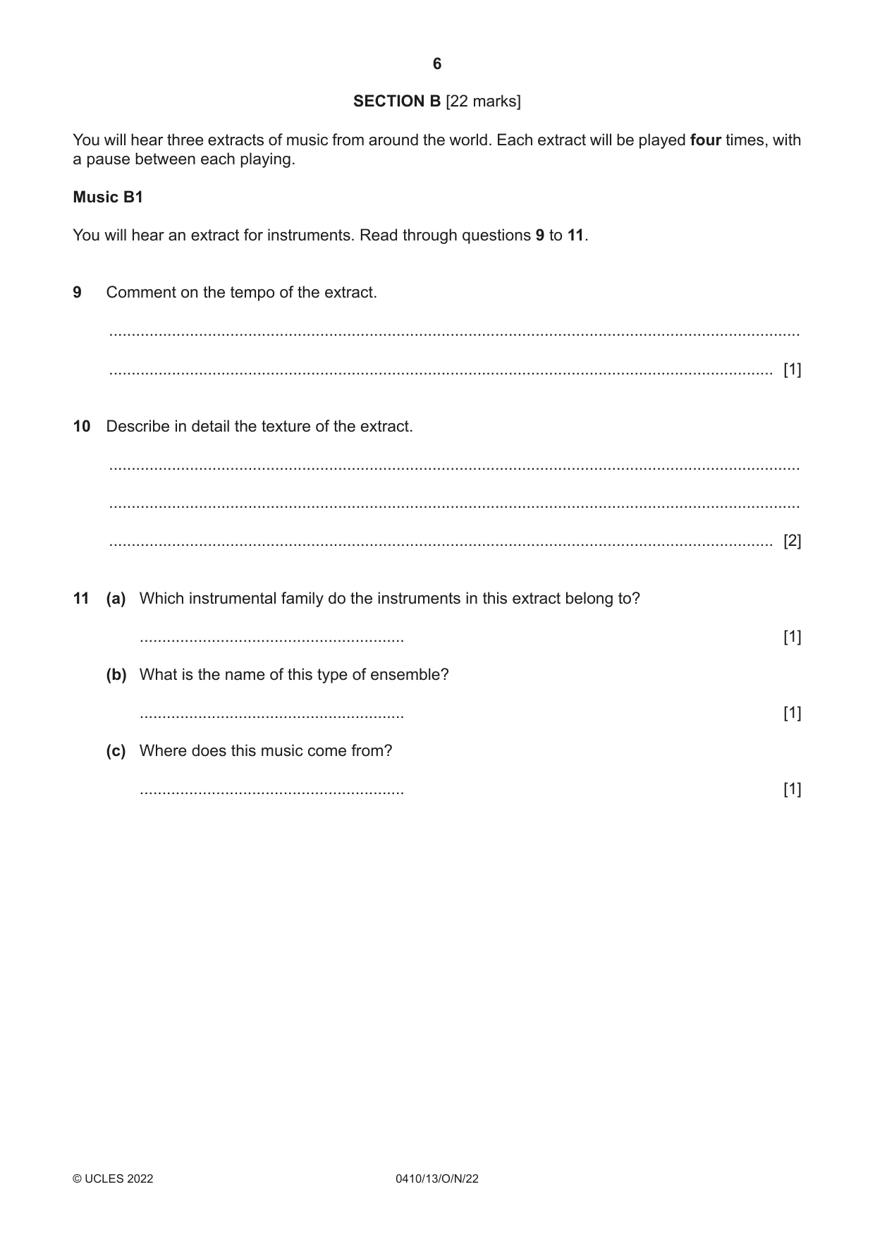 Cambridge IGCSE Music 0410 2022 Oct/Nov Paper 1 · Variant 3 question paper, page 6 of 16