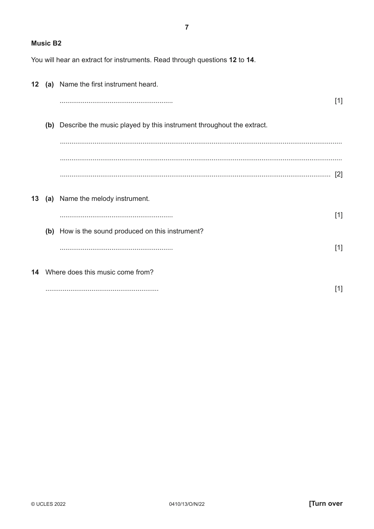 Cambridge IGCSE Music 0410 2022 Oct/Nov Paper 1 · Variant 3 question paper, page 7 of 16