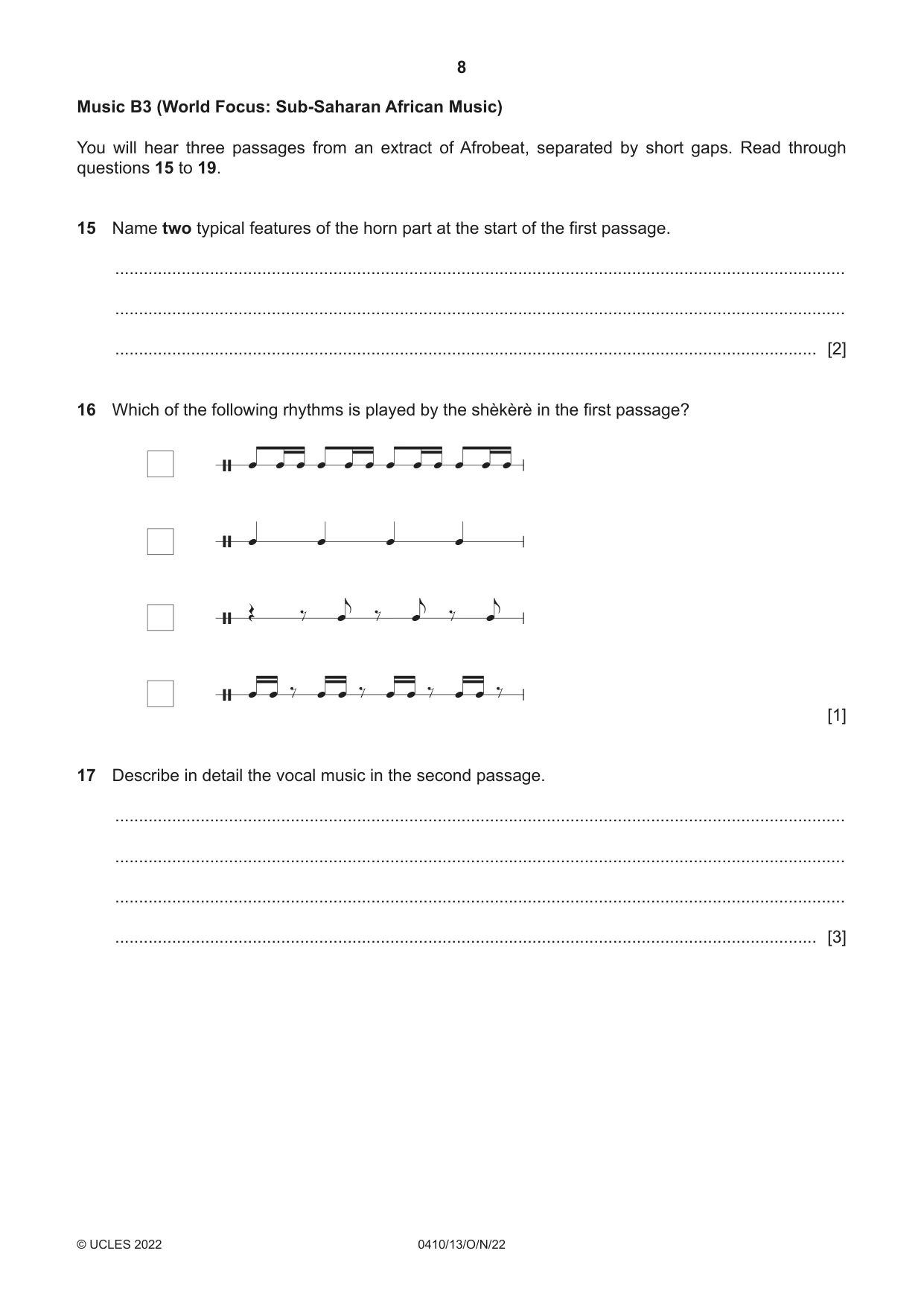 Cambridge IGCSE Music 0410 2022 Oct/Nov Paper 1 · Variant 3 question paper, page 8 of 16