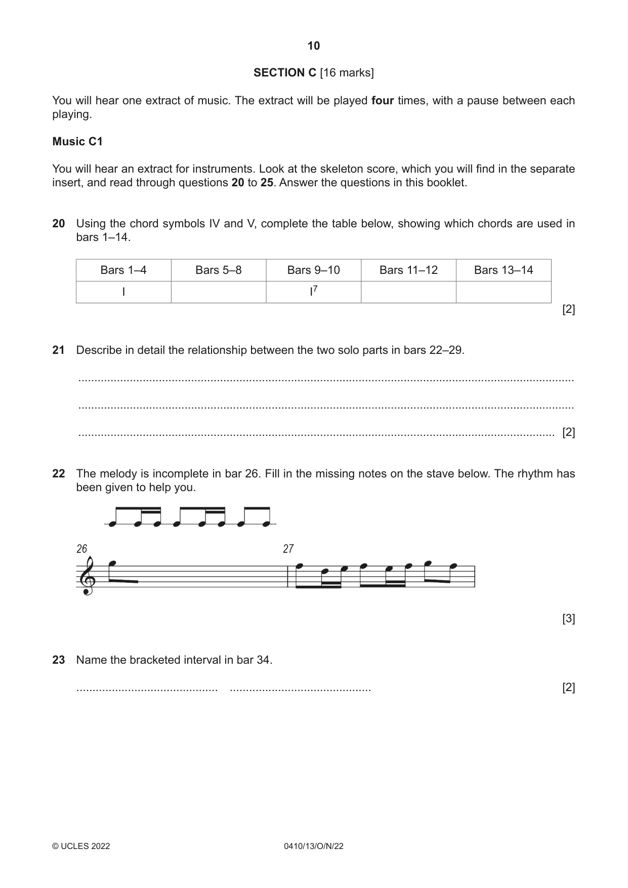 Cambridge IGCSE Music 0410 2022 Oct/Nov Paper 1 · Variant 3 question paper, page 10 of 16
