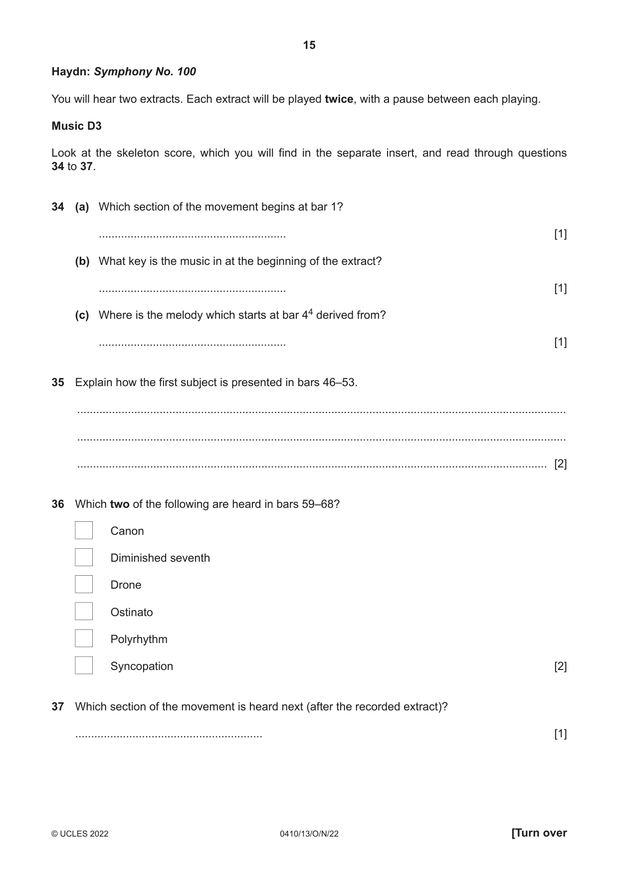Cambridge IGCSE Music 0410 2022 Oct/Nov Paper 1 · Variant 3 question paper, page 15 of 16