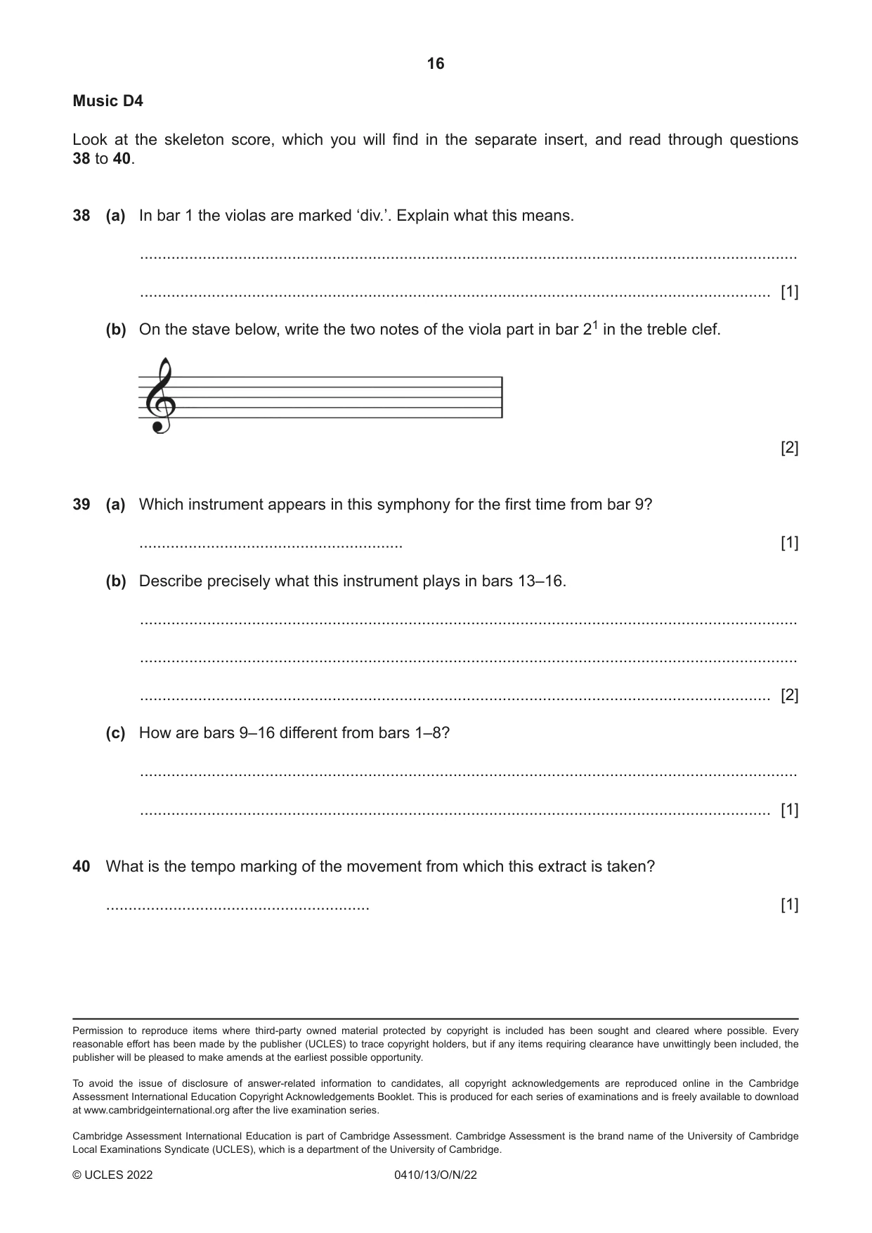 Cambridge IGCSE Music 0410 2022 Oct/Nov Paper 1 · Variant 3 question paper, page 16 of 16