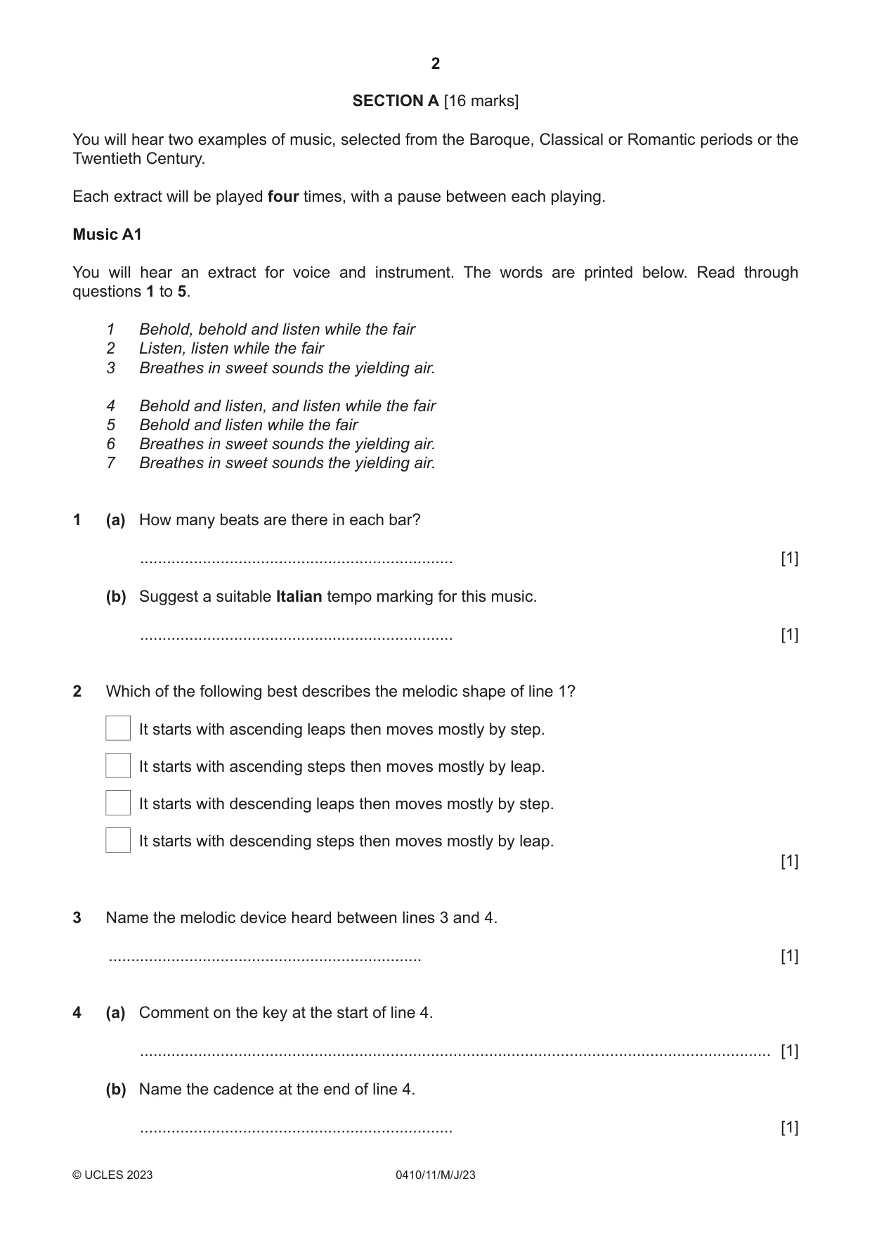 Cambridge IGCSE Music 0410 2023 May/June Paper 1 · Variant 1 question paper, page 2 of 16