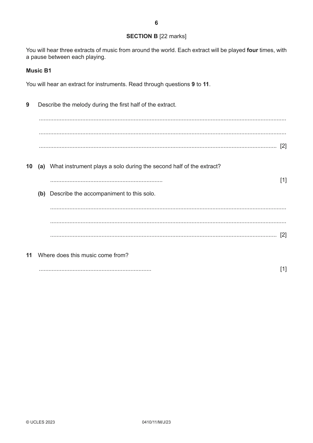 Cambridge IGCSE Music 0410 2023 May/June Paper 1 · Variant 1 question paper, page 6 of 16