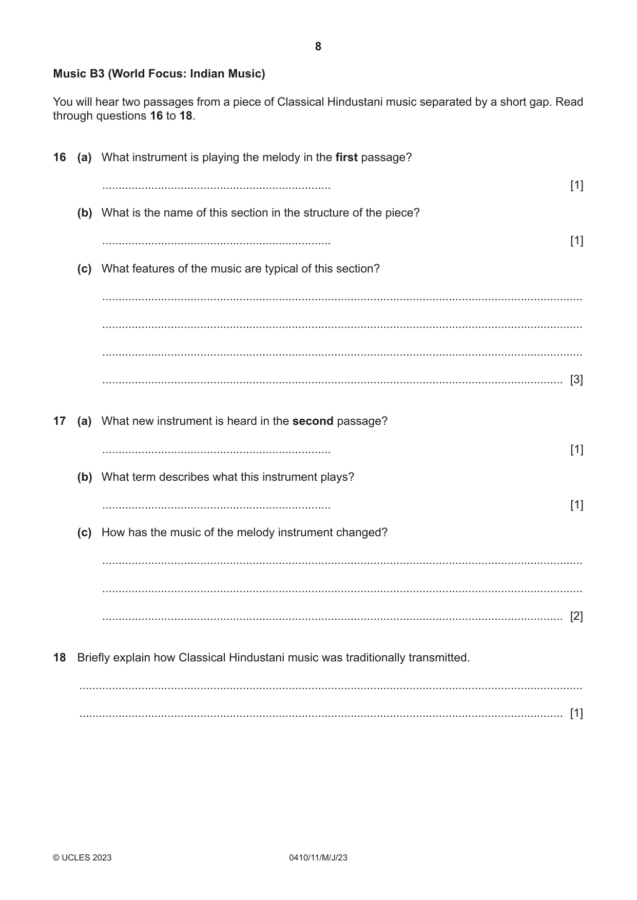 Cambridge IGCSE Music 0410 2023 May/June Paper 1 · Variant 1 question paper, page 8 of 16