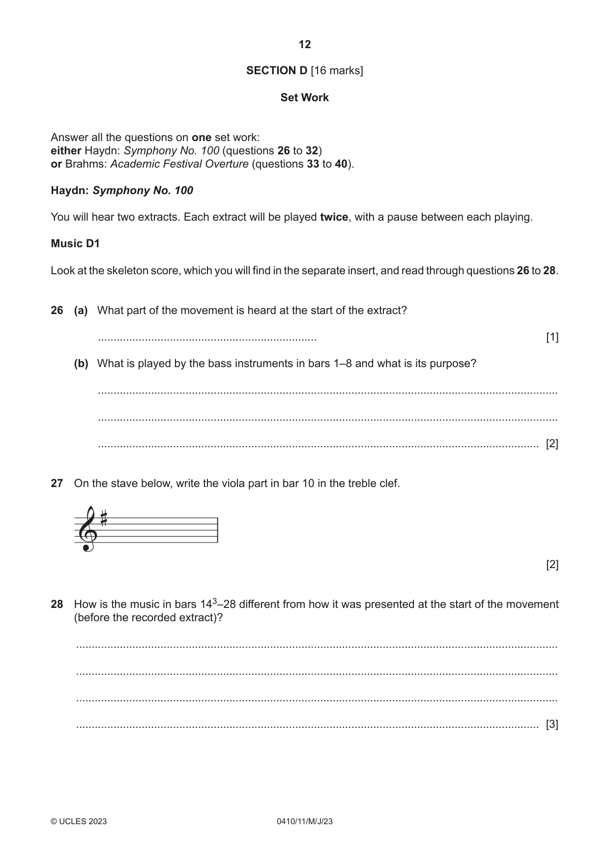 Cambridge IGCSE Music 0410 2023 May/June Paper 1 · Variant 1 question paper, page 12 of 16