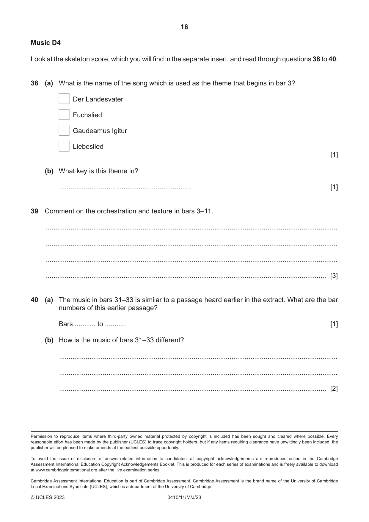 Cambridge IGCSE Music 0410 2023 May/June Paper 1 · Variant 1 question paper, page 16 of 16