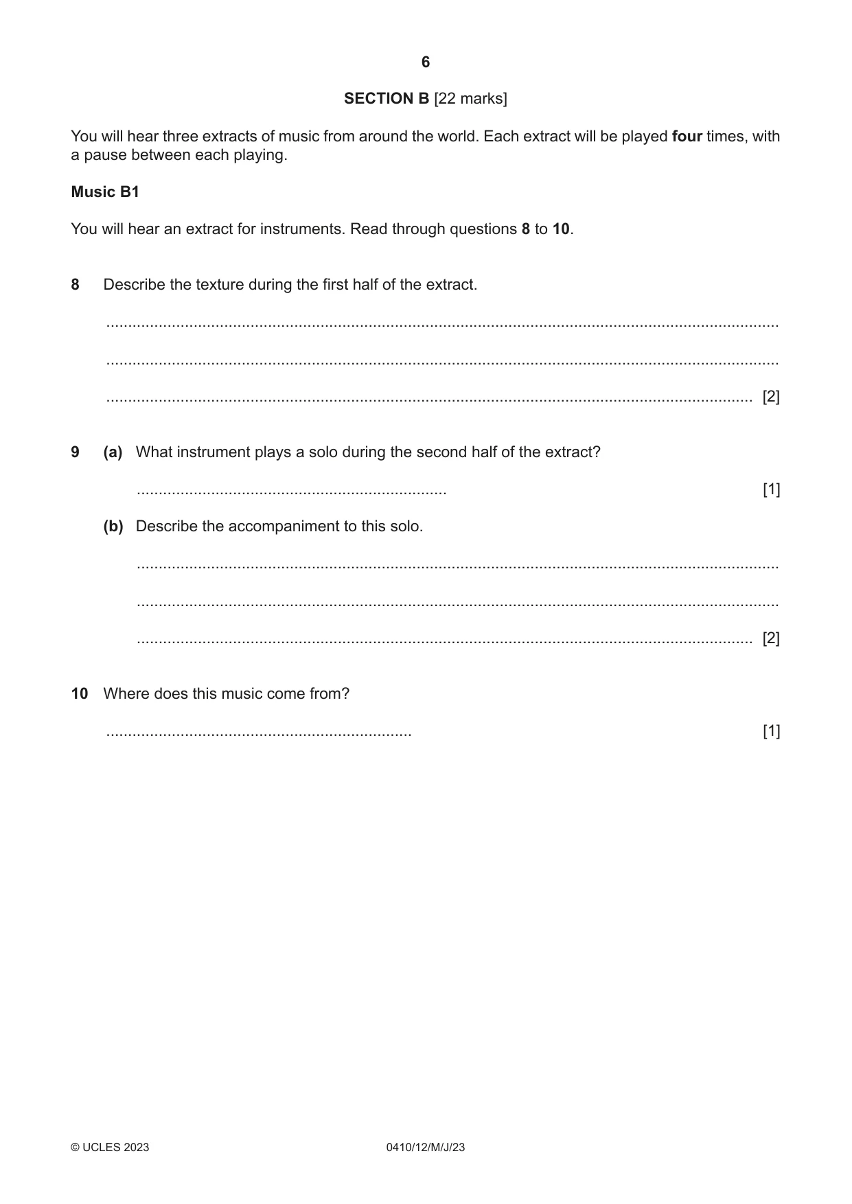 Cambridge IGCSE Music 0410 2023 May/June Paper 1 · Variant 2 question paper, page 6 of 20