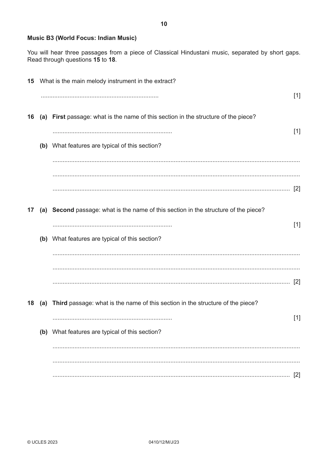 Cambridge IGCSE Music 0410 2023 May/June Paper 1 · Variant 2 question paper, page 10 of 20