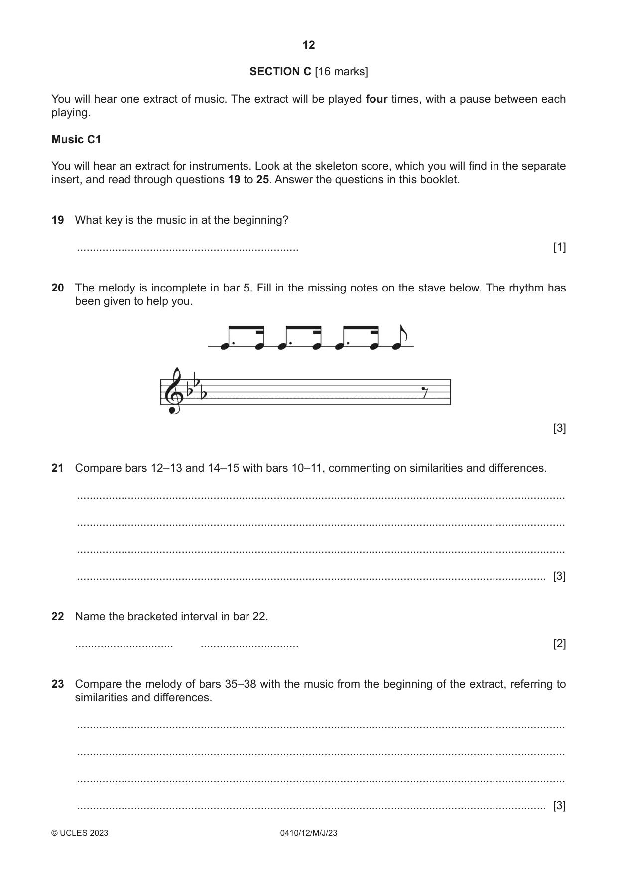 Cambridge IGCSE Music 0410 2023 May/June Paper 1 · Variant 2 question paper, page 12 of 20