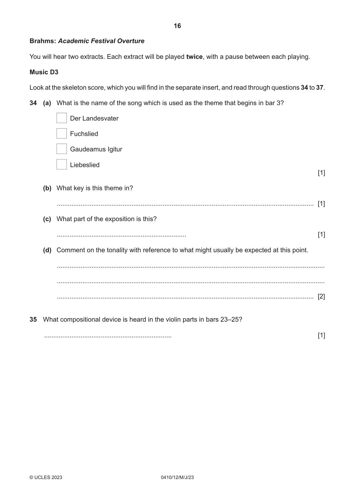 Cambridge IGCSE Music 0410 2023 May/June Paper 1 · Variant 2 question paper, page 16 of 20