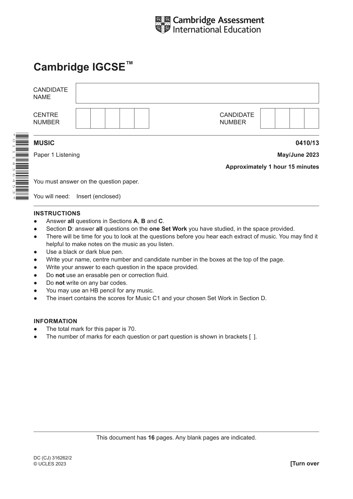 Cambridge IGCSE Music 0410 2023 May/June Paper 1 · Variant 3 question paper, page 1 of 16