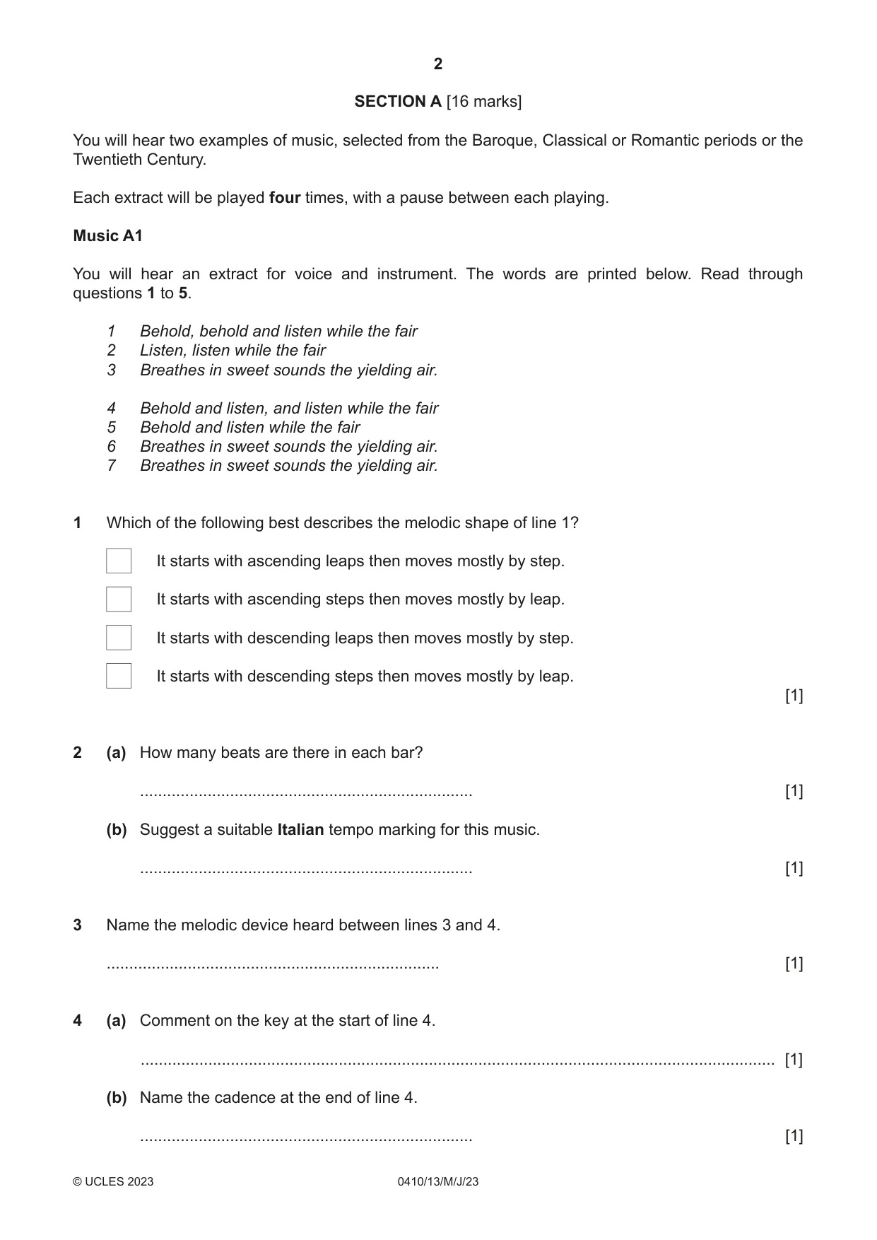 Cambridge IGCSE Music 0410 2023 May/June Paper 1 · Variant 3 question paper, page 2 of 16