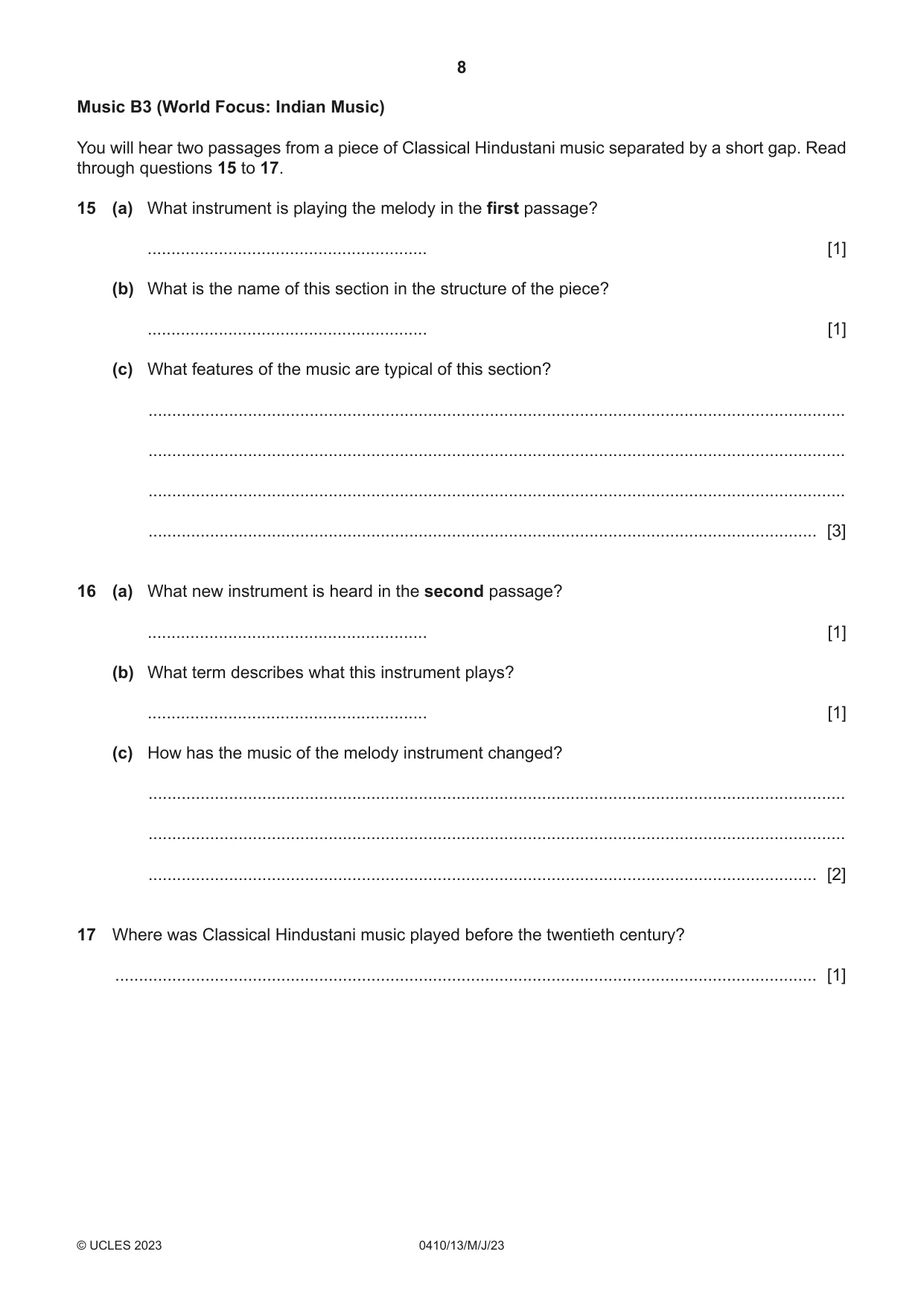 Cambridge IGCSE Music 0410 2023 May/June Paper 1 · Variant 3 question paper, page 8 of 16