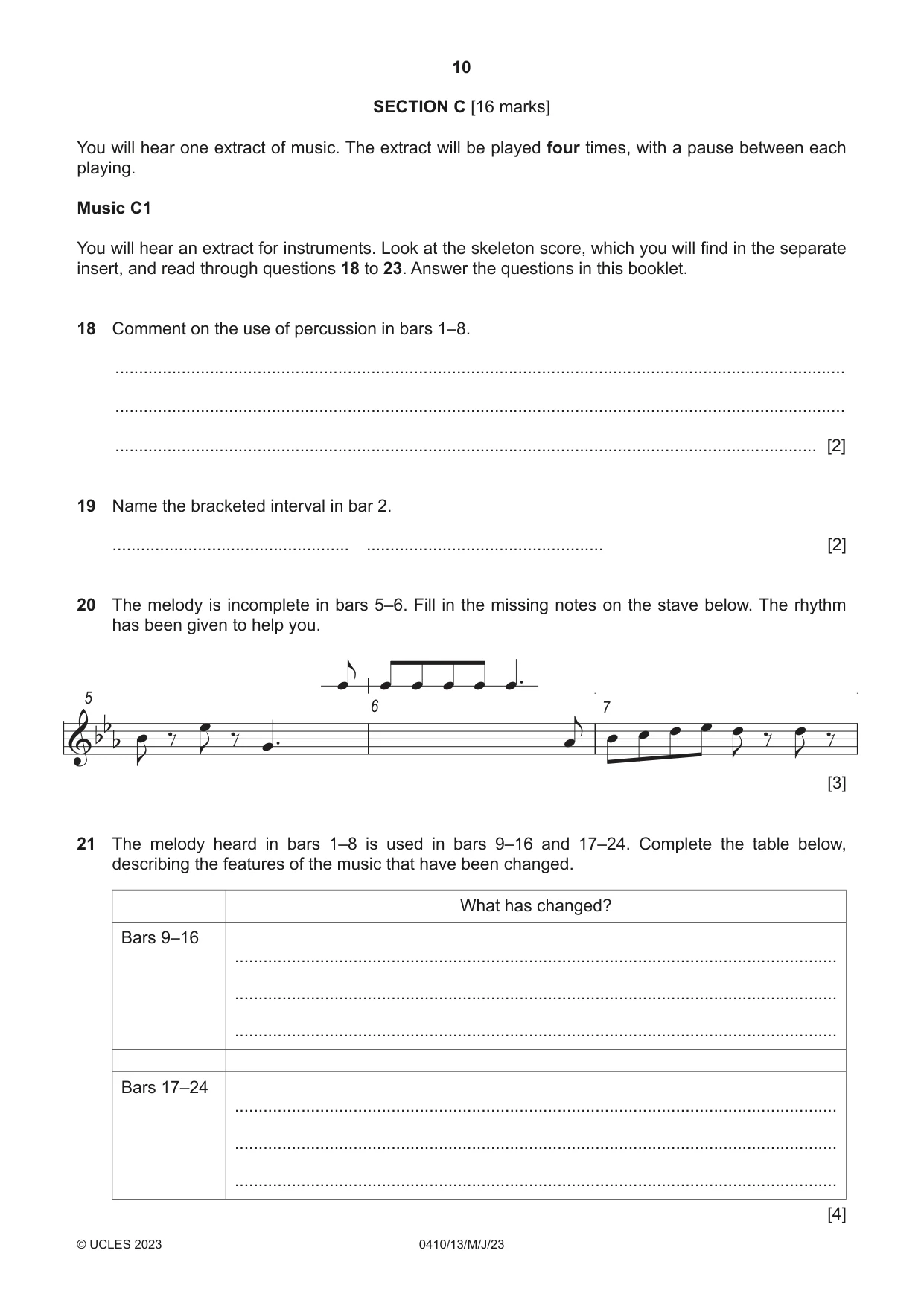 Cambridge IGCSE Music 0410 2023 May/June Paper 1 · Variant 3 question paper, page 10 of 16