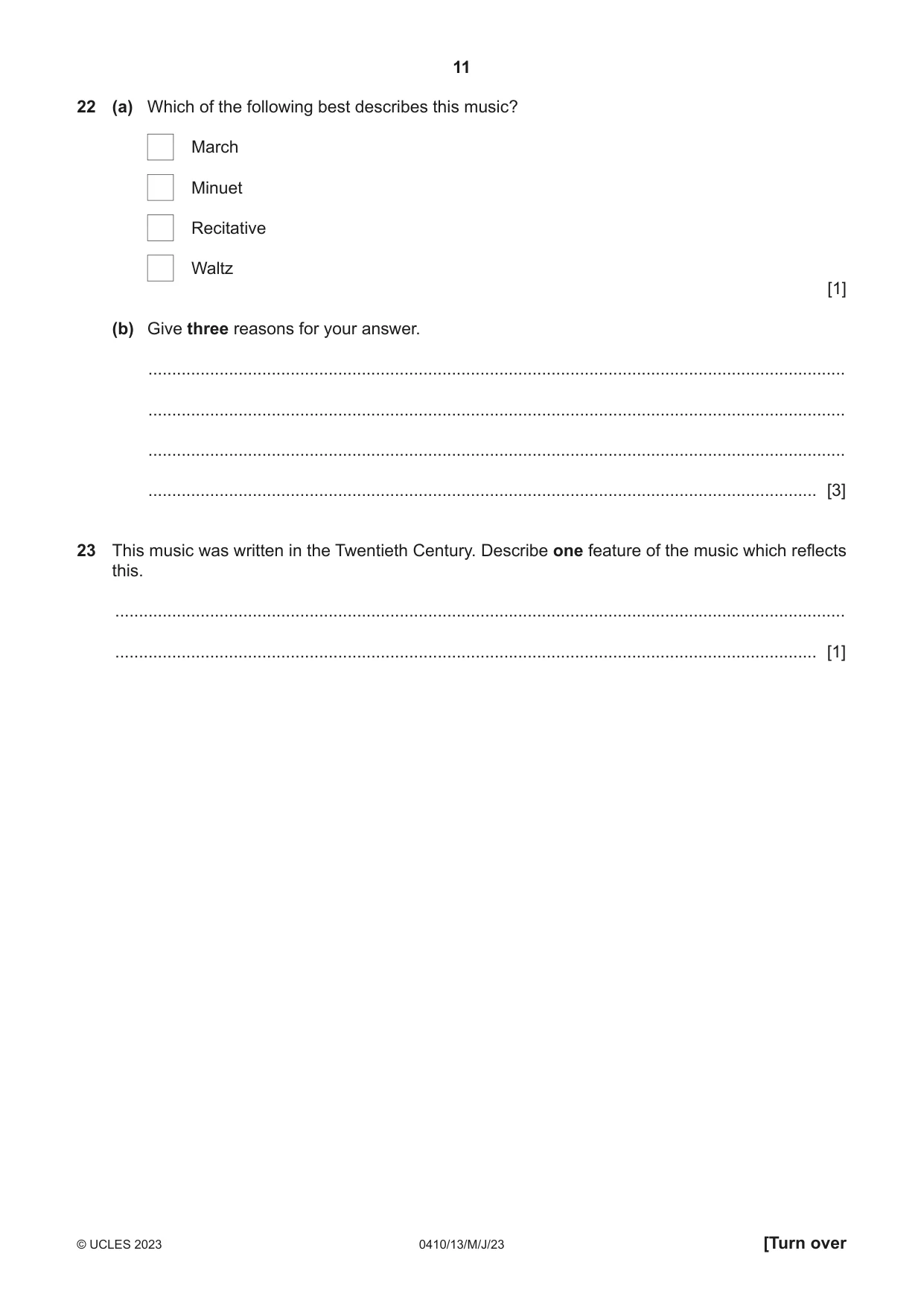 Cambridge IGCSE Music 0410 2023 May/June Paper 1 · Variant 3 question paper, page 11 of 16