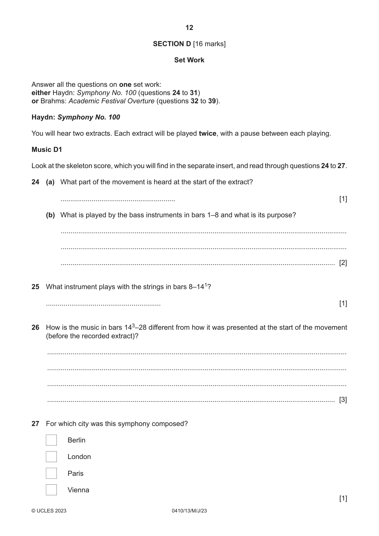 Cambridge IGCSE Music 0410 2023 May/June Paper 1 · Variant 3 question paper, page 12 of 16