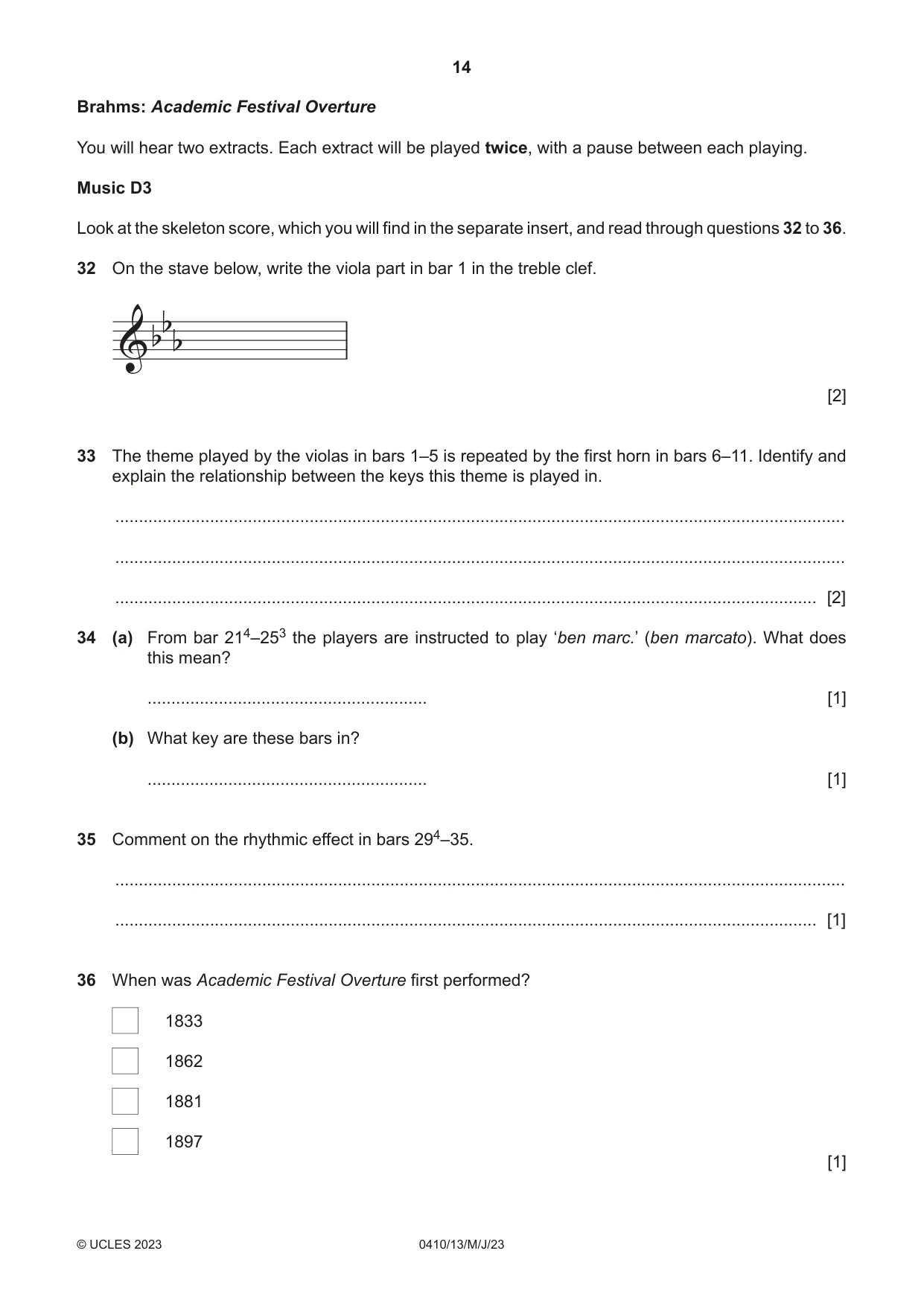 Cambridge IGCSE Music 0410 2023 May/June Paper 1 · Variant 3 question paper, page 14 of 16