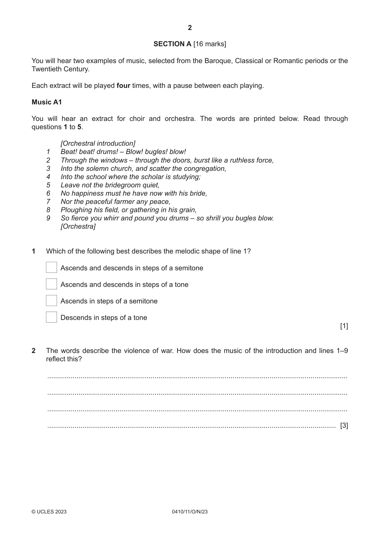 Cambridge IGCSE Music 0410 2023 Oct/Nov Paper 1 · Variant 1 question paper, page 2 of 16