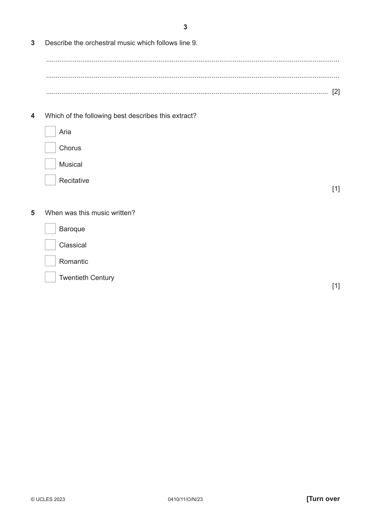 Cambridge IGCSE Music 0410 2023 Oct/Nov Paper 1 · Variant 1 question paper, page 3 of 16