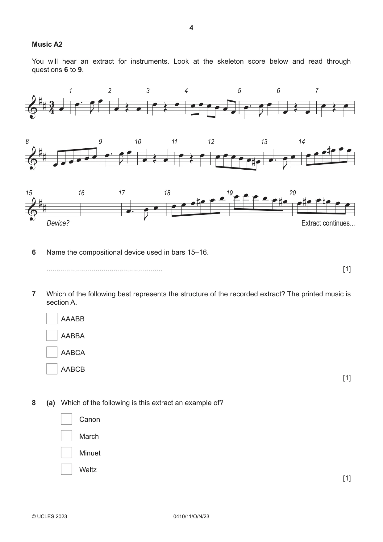 Cambridge IGCSE Music 0410 2023 Oct/Nov Paper 1 · Variant 1 question paper, page 4 of 16