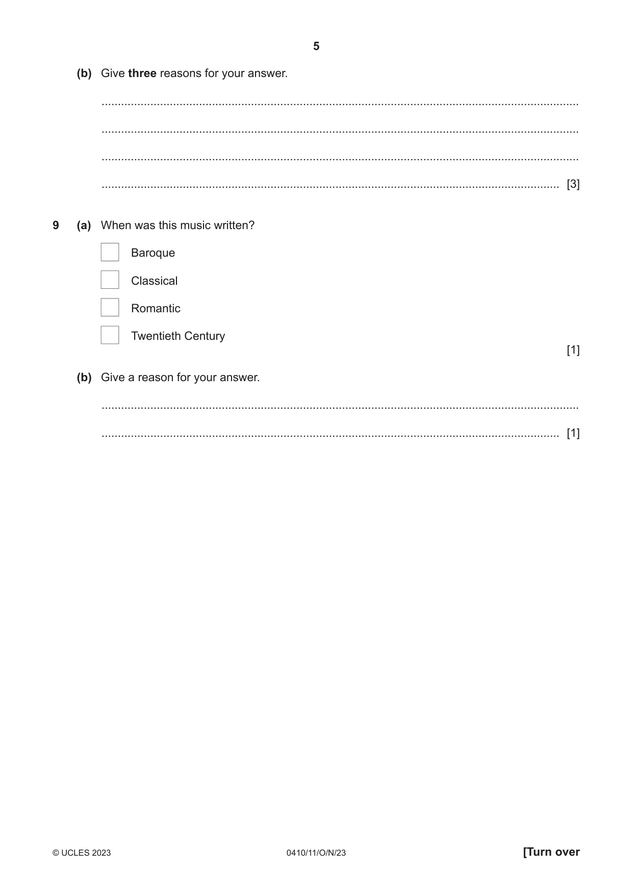 Cambridge IGCSE Music 0410 2023 Oct/Nov Paper 1 · Variant 1 question paper, page 5 of 16